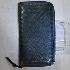 Bottega Veneta Black Leather Wallet with Gold Zipper